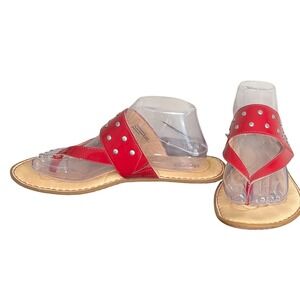 Born Red Patent Leather Thong Sandals‎ Silver Studded Accents Size 10